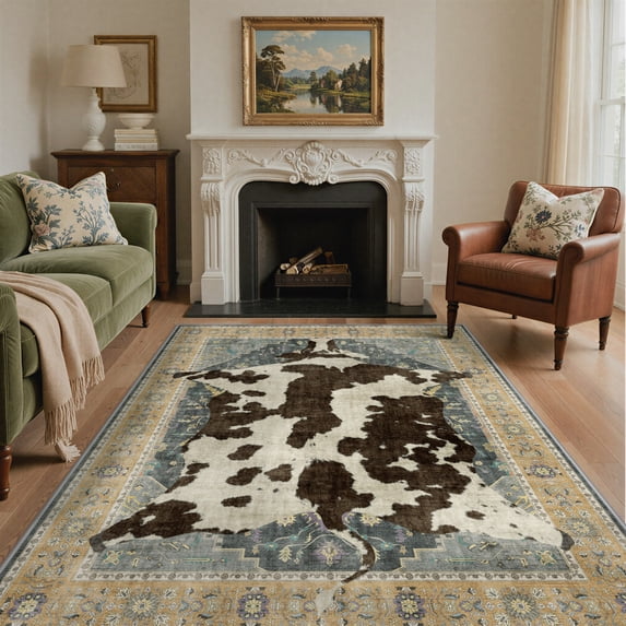KUETH 5'x7' Cow Area Rugs for Living Room, Non Slip Machine Washable Vintage Boho Rug, Low Pile Print Rug for Bedroom Dining Room Home Office