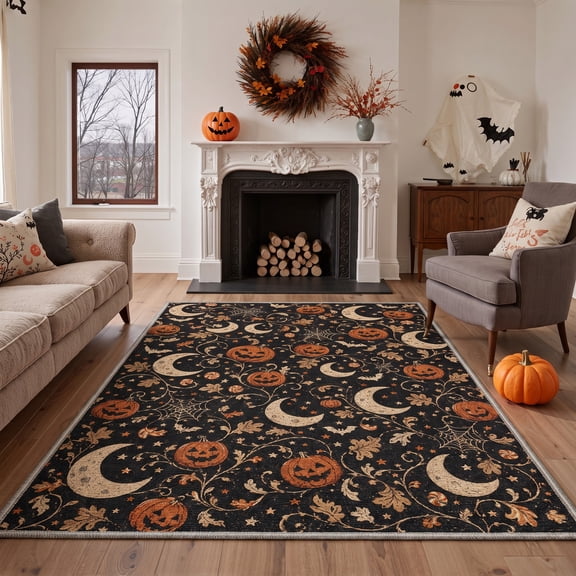 KUETH 5'x7' Halloween Machine Washable Area Rug, Non-Slip Moon Rugs for Living Room, Bedroom and Dining Room, Black