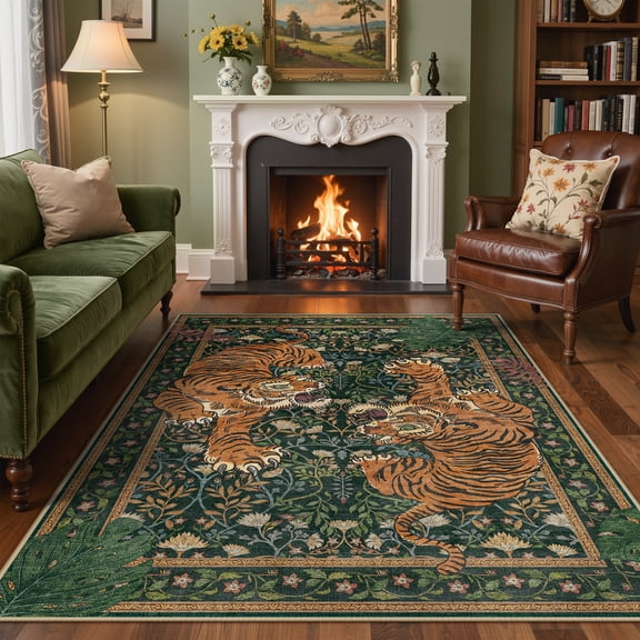 KUETH 5'x7' Tiger Area Rugs for Living Room, Non Slip Machine Washable Vintage Boho Rug, Low Pile Print Rug for Bedroom Dining Room Home Office