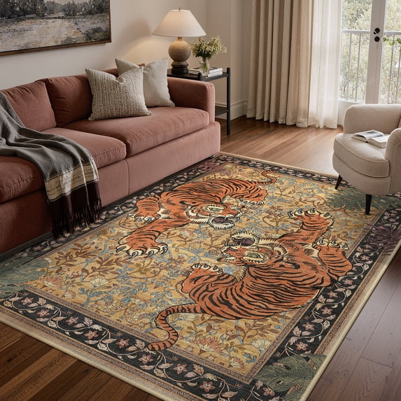 KUETH 5'x7' Tiger Area Rugs for Living Room, Non Slip Machine Washable Vintage Boho Rug, Low Pile Print Rug for Bedroom Dining Room Home Office