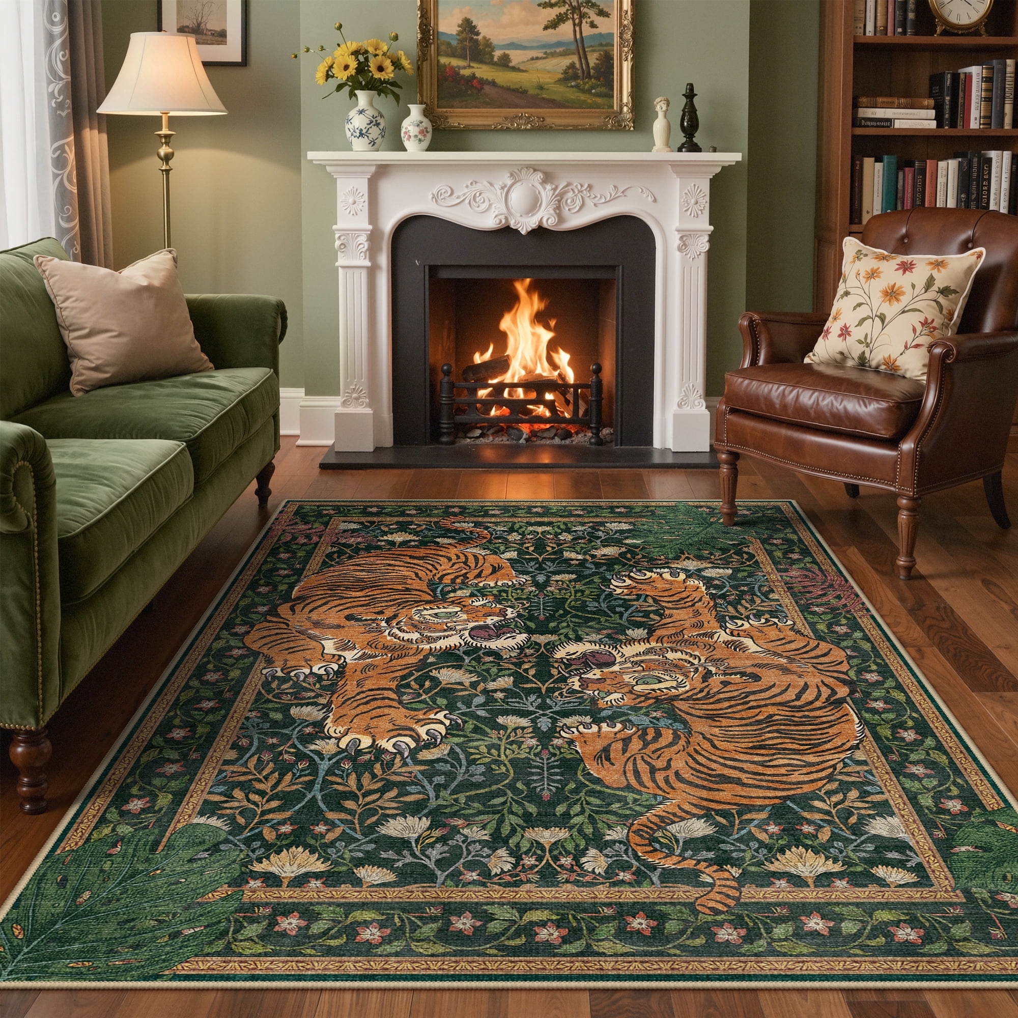 KUETH 5'x7' Tiger Area Rugs for Living Room, Non Slip Machine Washable Vintage Boho Rug, Low Pile Print Rug for Bedroom Dining Room Home Office