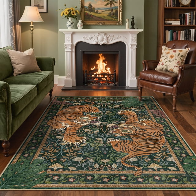 KUETH 5'x7' Tiger Area Rugs for Living Room, Non Slip Machine Washable Vintage Boho Rug, Low Pile Print Rug for Bedroom Dining Room Home Office