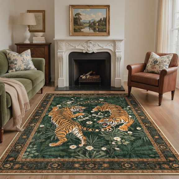 KUETH 5'x7' Tiger Area Rugs for Living Room, Non Slip Machine Washable Vintage Boho Rug, Low Pile Print Rug for Bedroom Dining Room Home Office