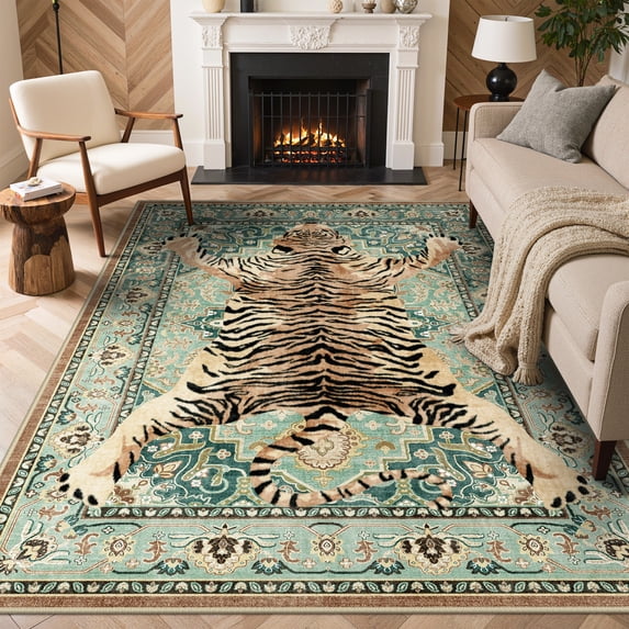 KUETH 5'x7' Tiger Area Rugs for Living Room, Non Slip Machine Washable Vintage Boho Rug, Low Pile Print Rug for Bedroom Dining Room Home Office