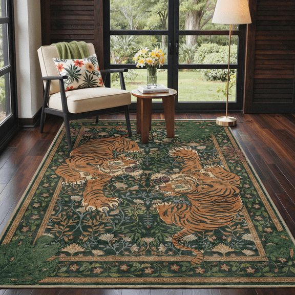 KUETH 5'x7' Tiger Area Rugs for Living Room, Non Slip Machine Washable Vintage Boho Rug, Low Pile Print Rug for Bedroom Dining Room Home Office