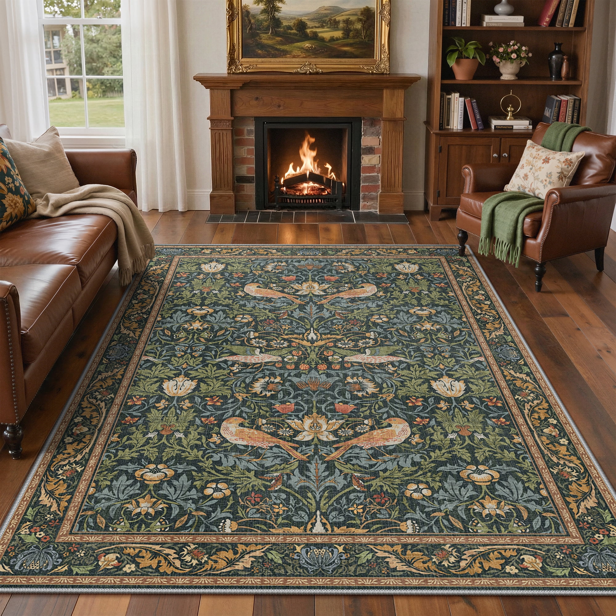 KUETH 5'x7' Vintage Floral Area Rugs for Living Room, Non Slip Machine Washable Forest Bird Rug, Low Pile Print Rug for Bedroom Dining Room Home Office