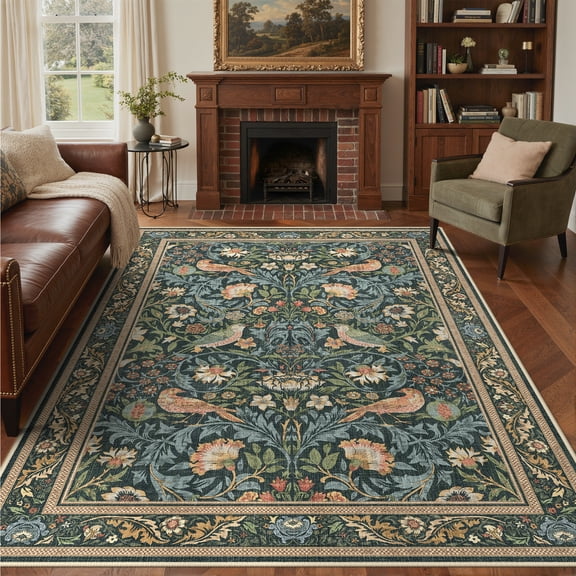 KUETH 5'x7' Vintage Floral Area Rugs for Living Room, Non Slip Machine Washable Forest Bird Rug, Low Pile Print Rug for Bedroom Dining Room Home Office