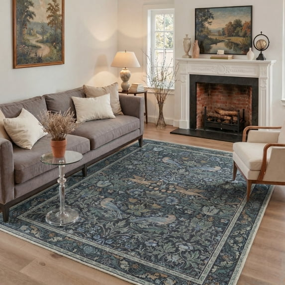KUETH 5'x7' Vintage Floral Area Rugs for Living Room, Non Slip Machine Washable Forest Bird Rug, Low Pile Print Rug for Bedroom Dining Room Home Office