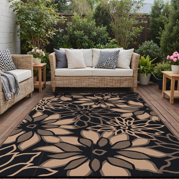 KUETH 5'x8' Outdoor Rug Waterproof Plastic Reversible Floral Patio Camping Outside Carpet,Black Brown
