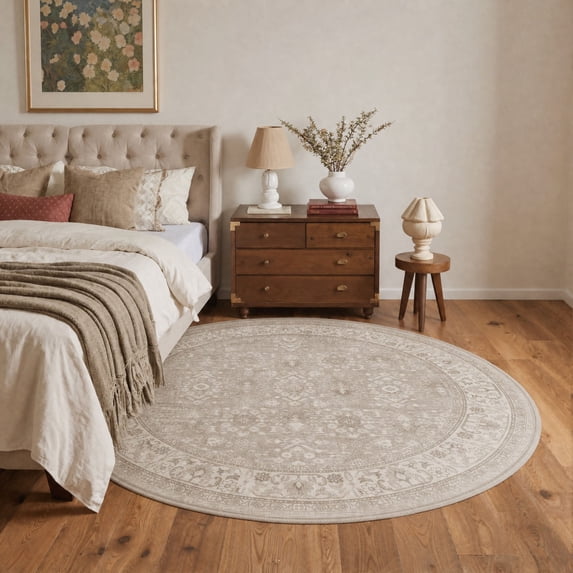 KUETH 5FT Round Machine Washable Area Rug, Low Pile Non-Slip Backing Carpet for Living Room, Bedroom and Dining Room, Pet-Friendly Vintage Floral Round Rug, Beige