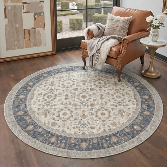 KUETH 5FT Round Machine Washable Area Rug, Low Pile Non-Slip Backing Carpet for Living Room, Bedroom and Dining Room, Pet-Friendly Vintage Floral Round Rug, Blue