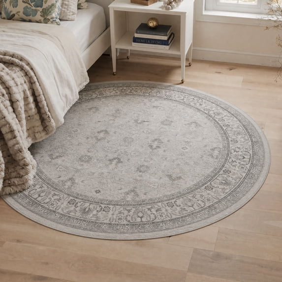 KUETH 5FT Round Machine Washable Area Rug, Low Pile Non-Slip Backing Carpet for Living Room, Bedroom and Dining Room, Pet-Friendly Vintage Floral Round Rug, Gray