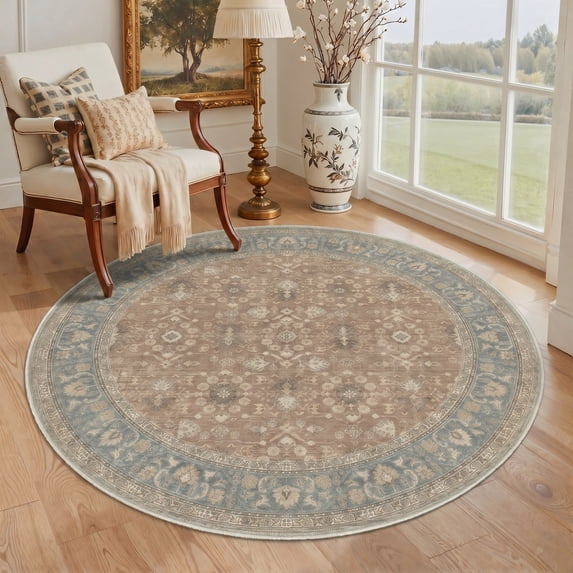 KUETH 5FT Round Machine Washable Area Rug, Low Pile Non-Slip Backing Carpet for Living Room, Bedroom and Dining Room, Pet-Friendly Vintage Floral Round Rug, Red Fish