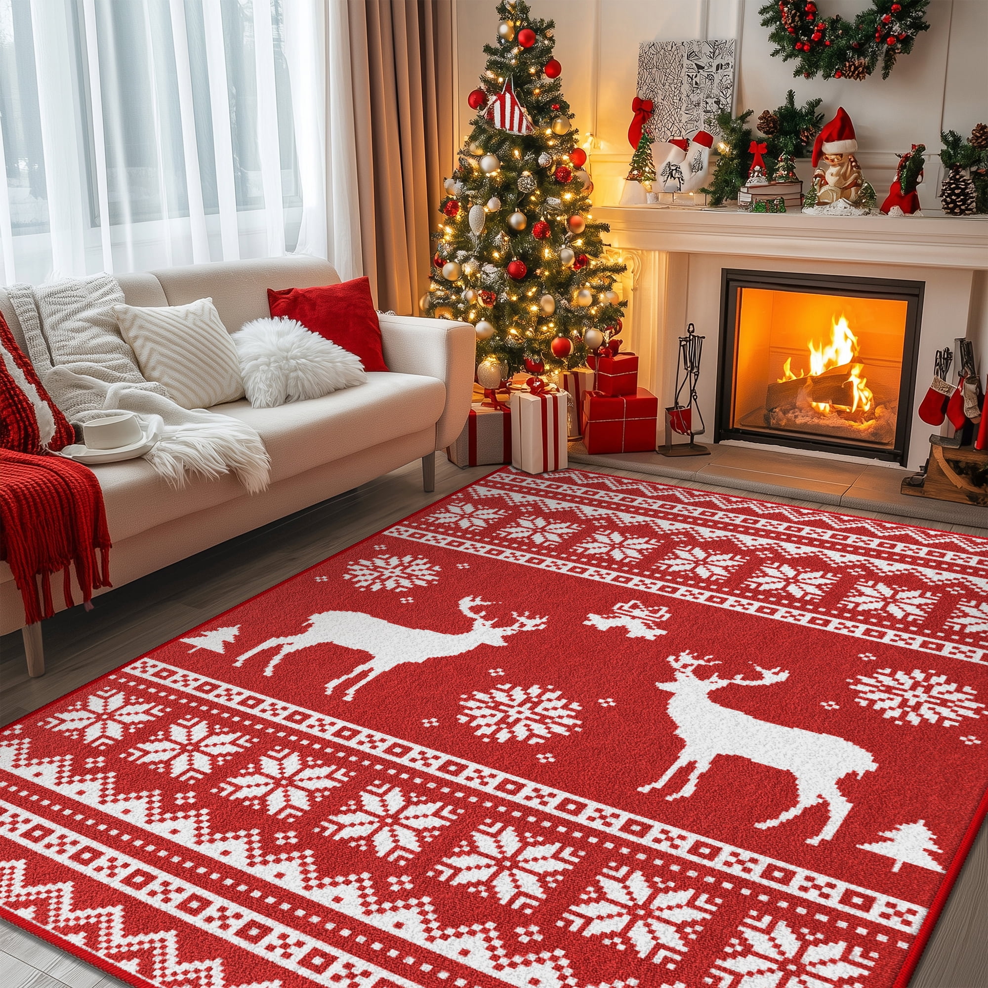 KUETH 5X7 Area Rugs Christmas Rug, Machine Washable Rug, Christmas Area