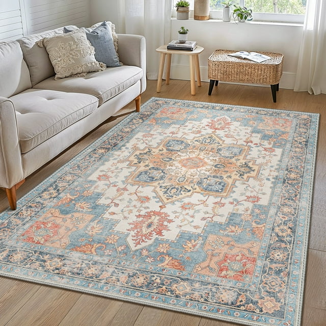 KUETH 5X7 Area Rugs for Living Room, Non Slip Machine Washable Retro Rugs, Ultra-thin Print Rug for Bedroom, Dining Room, Home Office.