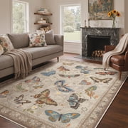 KUETH 5X7 Butterfly Area Rugs for Living Room, Non Slip Machine Washable Vintage Persian Rug, Low Pile Print Rug for Bedroom Dining Room Home Office