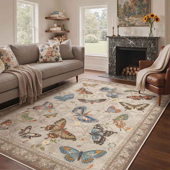 KUETH 5X7 Butterfly Area Rugs for Living Room, Non Slip Machine Washable Vintage Persian Rug, Low Pile Print Rug for Bedroom Dining Room Home Office