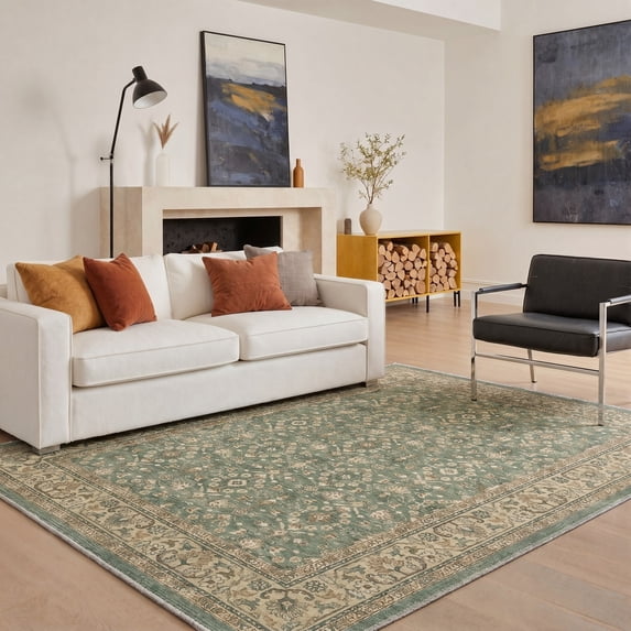 KUETH 5X7 Machine Washable Area Rug, Low Pile Non-Slip Backing Carpet for Living Room, Bedroom and Dining Room, Pet-Friendly Vintage Floral Medallion Rug, Green