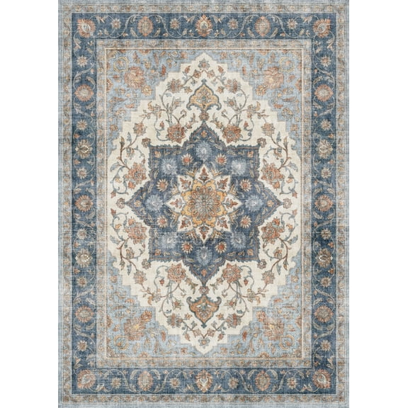 KUETH 5X7 Vintage Area Rugs Machine Washable Rugs for Living Room, Non Slip Flat Pile Rug with Rubber Backing, Boho Rug for Entryway Bedroom Dining Room Home Office