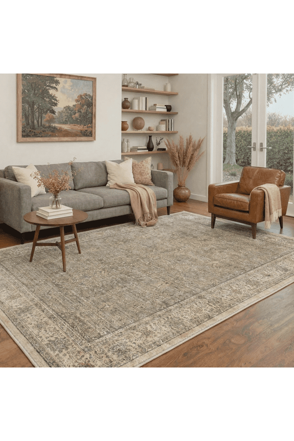 5X7 Vintage Area Rugs Machine Washable Rugs for Living Room, Non Slip Flat Pile Rug with Rubber Backing, Persian Rug for Entryway Bedroom Dining Room Home Office