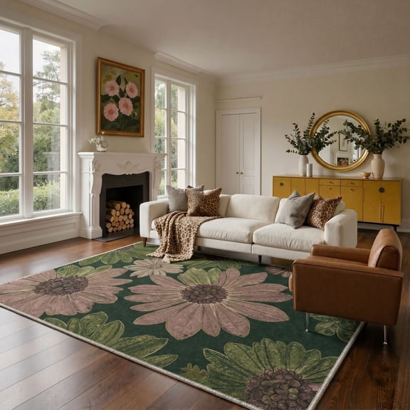KUETH 5X7 Vintage Floral Area Rugs Machine Washable Rugs for Living Room, Non Slip Flat Pile Rug with Rubber Backing, Boho Rug for Entryway Bedroom Dining Room Home Office