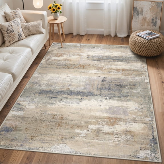 KUETH 5x7 Area Rug Abstract Brown Sandy, Machine Washable Vintage Distressed Throw Rug with Non-Slip Gripper, Modern Aesthetic Carpet for Bedroom Living Room