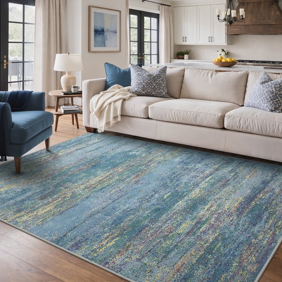 KUETH 5x7 Area Rug Blue Abstract Area Rug, Machine Washable Vintage Distressed Throw Rug with Non-Slip Gripper, Modern Aesthetic Carpet for Bedroom Living Room