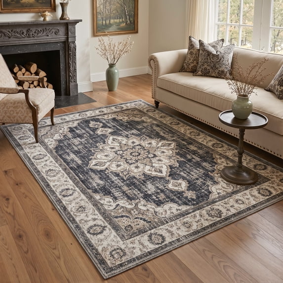 KUETH 5x7 Classic Persian Rug for Living Room, Machine Washable Soft Low Pile Non Slip Backing Area Rug, ONYXBLOOM Rug for Bedroom Dining