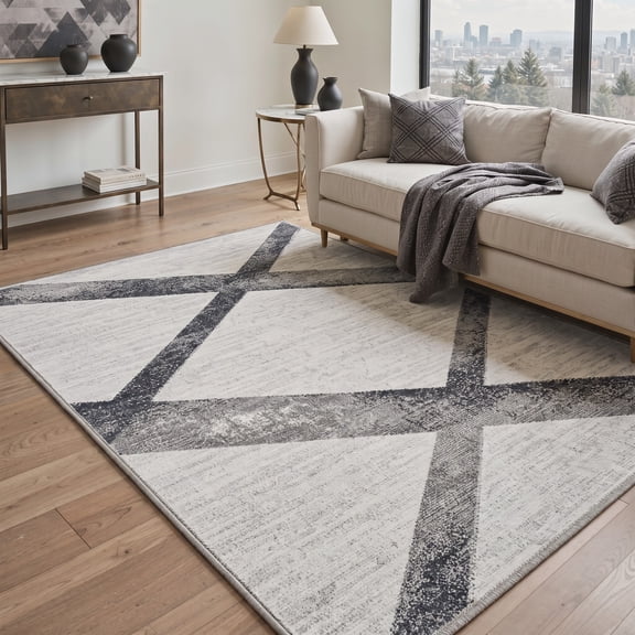 KUETH 5x7 Contemporary Abstract Rug for Living Room, Machine Washable Soft Low Pile Non Slip Backing Area Rug, Washed Gray Rug for Bedroom Dining