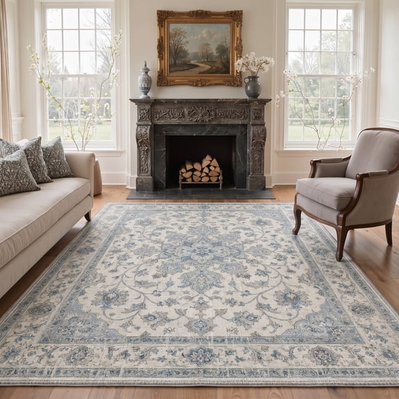 KUETH 5x7 Low Pile Diamond Persian Style Rug for Living Room, Machine Washable Soft Non Slip Backing Area Rug, Dusty Blue Rug for Bedroom Dining Room