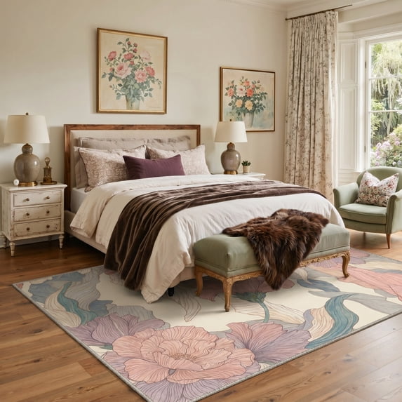KUETH 5x7 Low Pile Flower Rug for Living Room, Machine Washable Soft Non Slip Backing Area Rug, Dusty Pastel Rug for Bedroom Dining Room