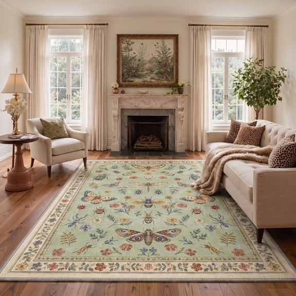 KUETH 5x7 Low Pile Modern Organic Rug for Living Room, Machine Washable Soft Non Slip Backing Area Rug, JADE BLOOM Rug for Bedroom Dining Room