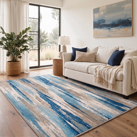 KUETH 5x7 Low Pile Modern Rug for Living Room, Machine Washable Soft Non Slip Backing Area Rug, COBALTRIFT Rug for Bedroom Dining Room