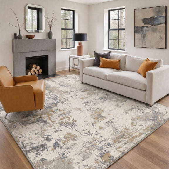 KUETH 5x7 Low Pile Modern Rug for Living Room, Machine Washable Soft Non Slip Backing Area Rug, Ivory Gold Rug for Bedroom Dining Room