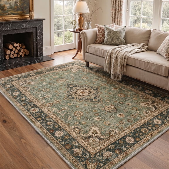 KUETH 5x7 Low Pile Persian Style Rug for Living Room, Machine Washable Soft Non Slip Backing Area Rug, JADEBLOOM Rug for Bedroom Dining Room