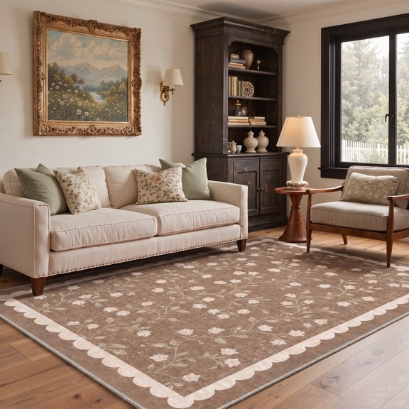 KUETH 5x7 Low Pile Soft Floral Rug for Living Room, Machine Washable Soft Non Slip Backing Area Rug, Warm Mocha Rug for Bedroom Dining Room