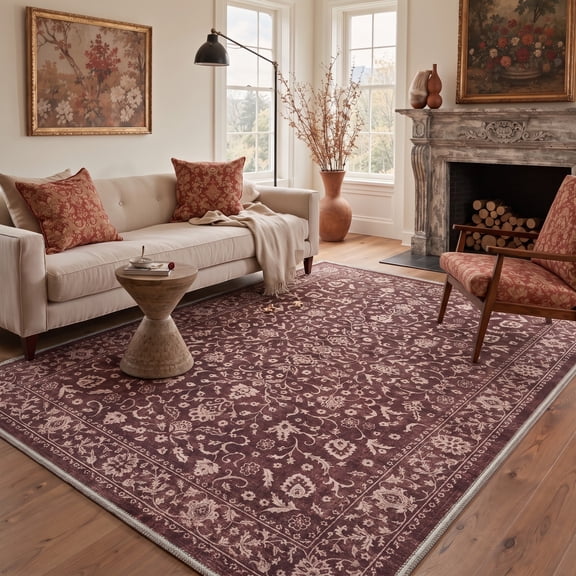 KUETH 5x7 Machine Washable Flat Pile Carpet Rug for Living Room with Rubber Backing, Vintage Persian Dusty Burgundy Area Rug for Bedroom Dining Room and Home Office