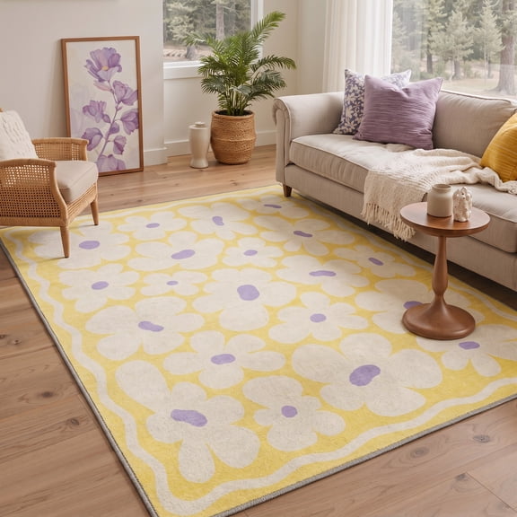 KUETH 5x7 Machine Washable Floral Rug for Living Room, Soft Low Pile Non Slip Backing Area Rug, Butter Yellow Rug for Bedroom Dining Room