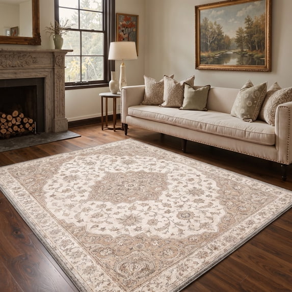 KUETH 5x7 Machine Washable Vintage Persian Style Rug for Living Room, Soft Low Pile Non Slip Backing Area Rug, Dusty Beige Rug for Bedroom Dining Room