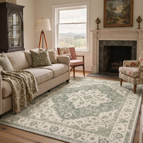 KUETH 5x7 Machine Washable Vintage Persian Style Rug for Living Room, Soft Low Pile Non Slip Backing Area Rug, Sage Ivory Rug for Bedroom Dining Room