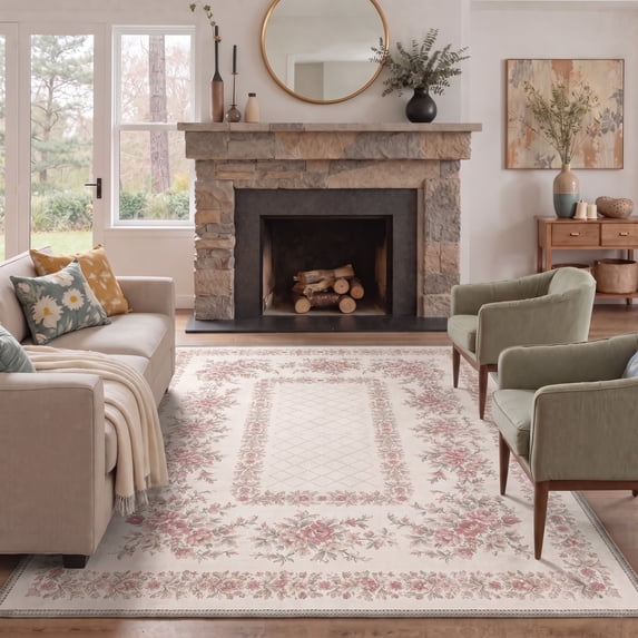 KUETH 5x7 Soft Botanical Rug for Living Room, Machine Washable Low Pile Non Slip Backing Area Rug, Dusty Rose Rug for Bedroom Dining