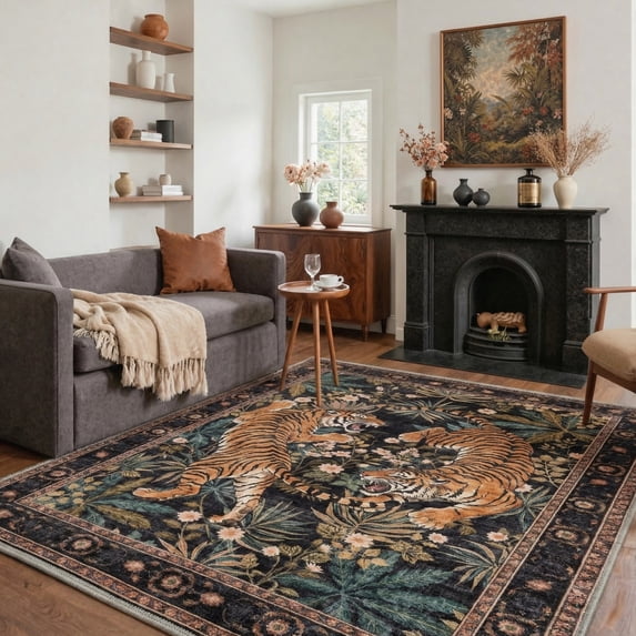 KUETH 5x7 Tiger Area Rugs for Living Room, Non Slip Machine Washable Vintage Boho Rug, Low Pile Print Rug for Bedroom Dining Room Home Office