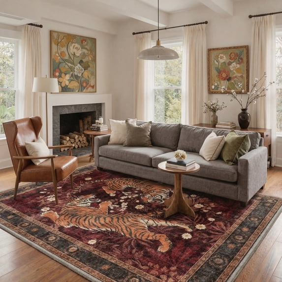 KUETH 5x7 Tiger Area Rugs for Living Room, Non Slip Machine Washable Vintage Boho Rug, Low Pile Print Rug for Bedroom Dining Room Home Office