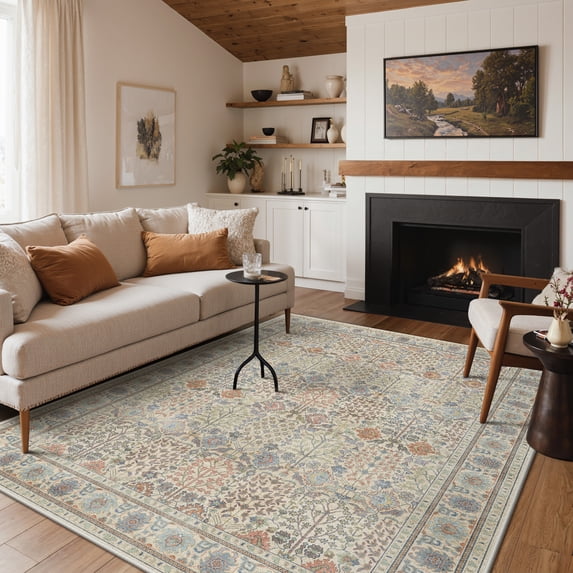 KUETH 5x7 Vintage Area Rugs Machine Washable Rugs for Living Room, Non Slip Flat Pile Rug with Rubber Backing, Boho Rug for Entryway Bedroom Dining Room Home Office