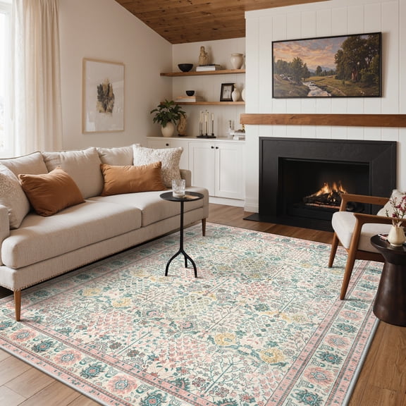 KUETH 5x7 Vintage Area Rugs Machine Washable Rugs for Living Room, Non Slip Flat Pile Rug with Rubber Backing, Boho Rug for Entryway Bedroom Dining Room Home Office