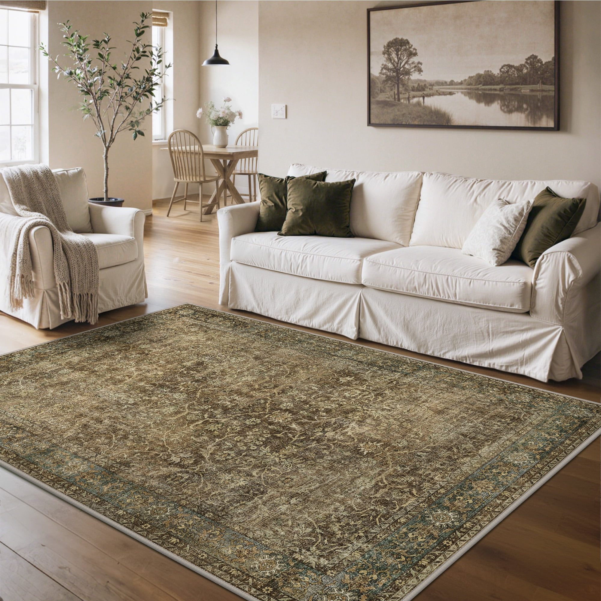 KUETH 5x7 Vintage Floral Area Rugs Machine Washable Rugs for Living Room, Non Slip Flat Pile Rug with Rubber Backing, Boho Rug for Entryway Bedroom Dining Room Home Office