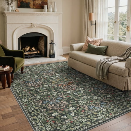 KUETH 5x7 Vintage Floral Area Rugs Machine Washable Rugs for Living Room, Non Slip Flat Pile Rug with Rubber Backing, Boho Rug for Entryway Bedroom Dining Room Home Office
