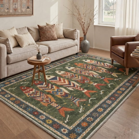 KUETH 5x7 Washable Area Rug, Non Slip Flat Pile Fish Pattern Rug for Living Room Bedroom Dining Room, Pet Friendly
