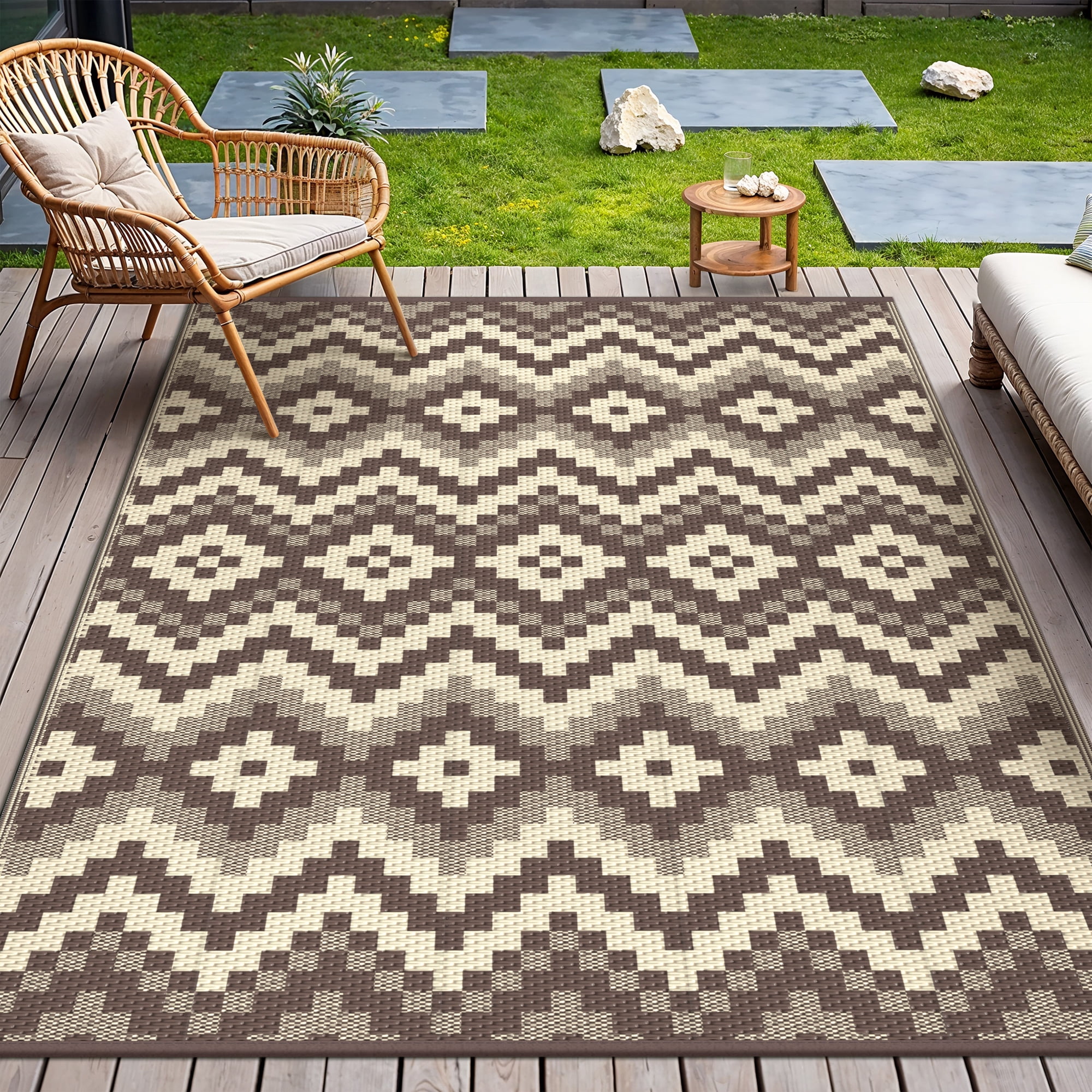 KUETH 6' x 9' Outdoor Rug Waterproof Camping Patio Rug Boho Geometric Reversible Outdoor Plastic Carpet for RV Blcony Picnic Porch,COFFEE&BEIGE