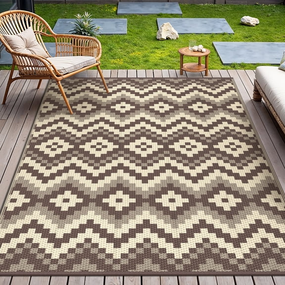 KUETH 6' x 9' Outdoor Rug Waterproof Camping Patio Rug Boho Geometric Reversible Outdoor Plastic Carpet for RV Blcony Picnic Porch,COFFEE&BEIGE